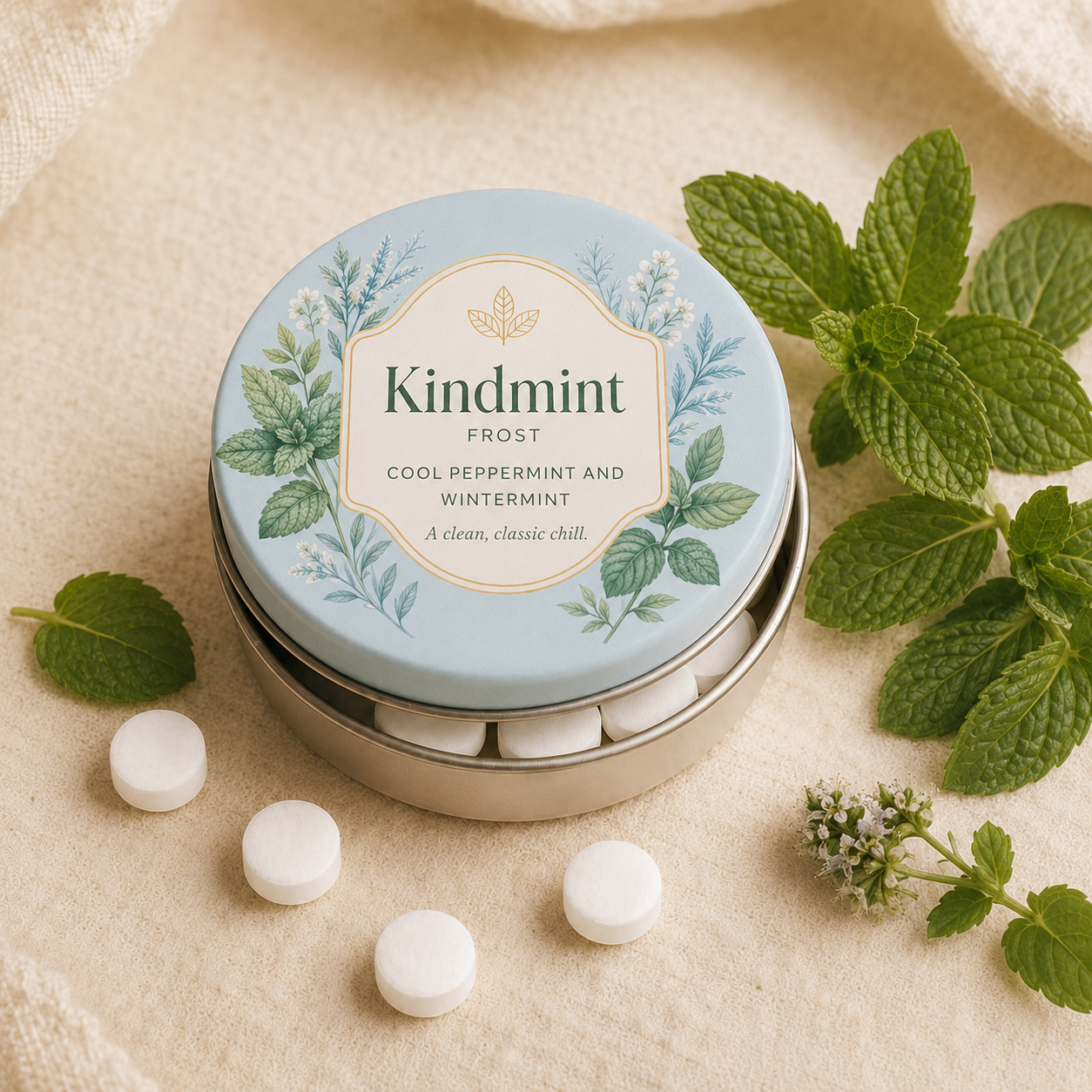 Kindmint Frost tin with fresh mint leaves
