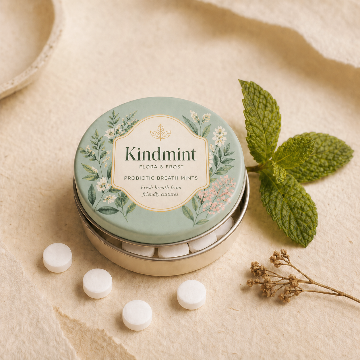 Cream Kindmint tin with a sage label, mint leaves and dried botanical